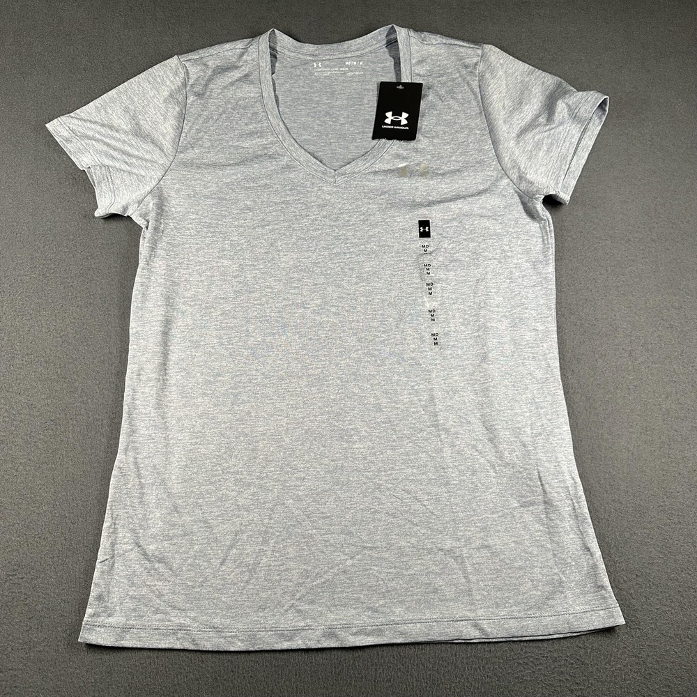 Under Armour Shirt Womens Medium Blue V-Neck Short Sleeve HeatGear 1258568
